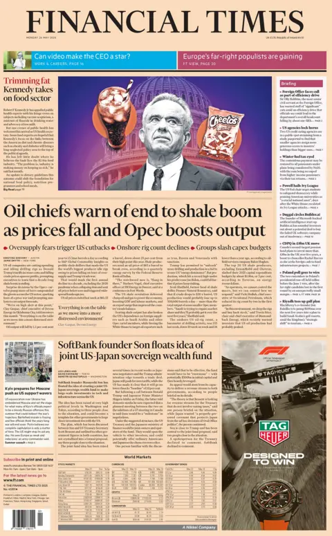 Financial Times headline reads: Oil chiefs warn of end to shale boom as prices fall and Opec boosts output