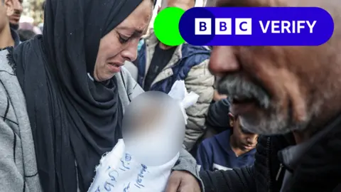 The mother and grandfather of Muhammad Hani al-Zahar, holding his swaddled body and grieving after his death