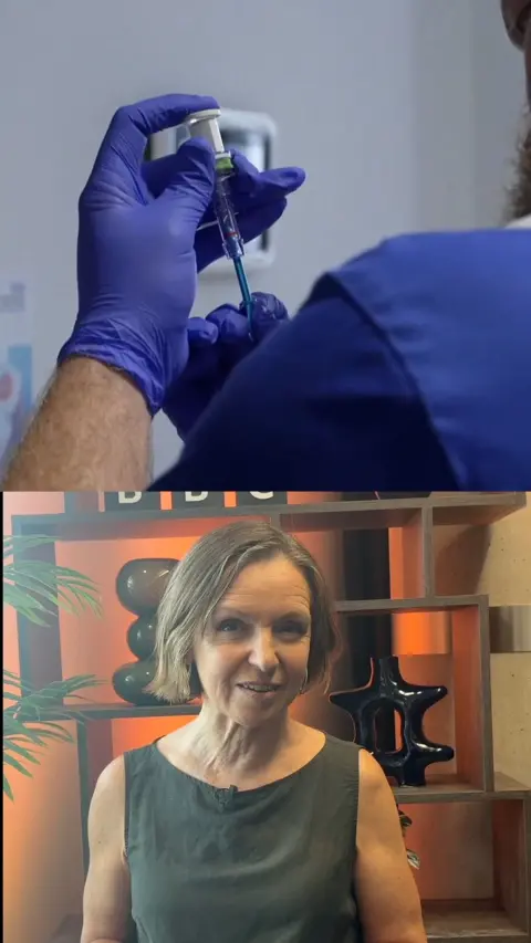 A split screen image of a needle at the top and our health correspondent Gill Dummigan at the bottom. 