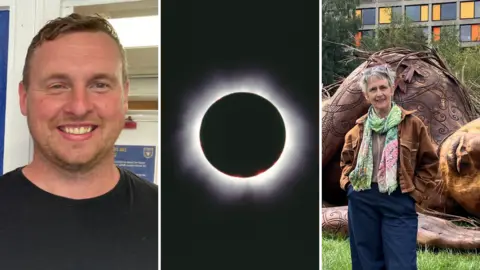 Three side-by-side images; on the left, a man with short brown hair and brown stubble. In the middle, an image of a solar eclipse. On the right, a woman stands in front of a wooden statue.