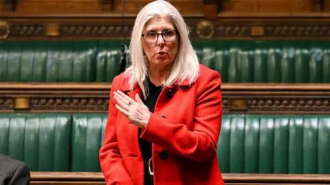 House of Commons Dr Allison Gardner - a woman with long blonde hair and wearing a red coat over a black top - speaks while standing in the House of Commons. She has her left arm held slightly up and across her body, like a karate chop.