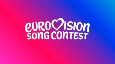 A white logo on a pink and purple background. The white logo reads, 'Eurovision song contest'.