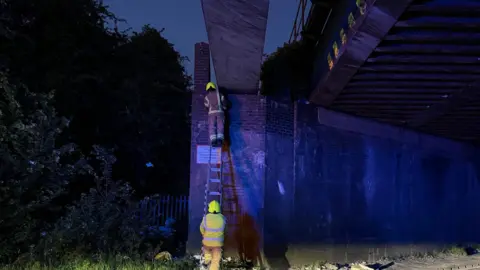 Leicestershire Police Fire crews up a ladder removing debris from a railway bridge. It is night time. 