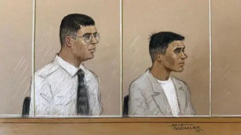 Reuters A court sketch of the two accused men. They are sitting behind glasses, both wearing formal clothing, and watching the proceedings taking place outside the frame. 