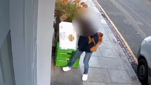 Woman in blue jeans and black coat lifts white box from behind planter and green crates. Her face is blurred. The camera shot is taken from above and shows part of the sidewalk and road.