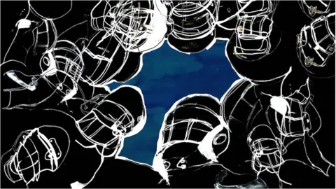 Katie Horwich Illustration of football players in huddle