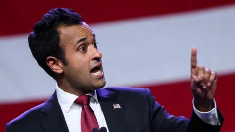 Reuters Republican presidential candidate Vivek Ramaswamy speaks at the Republican Party of Iowa's Lincoln Day Dinner in Des Moines, Iowa on 28 July