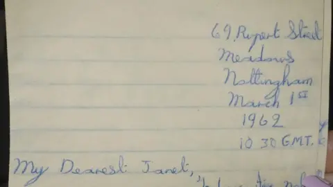 Shirley Elmore A letter which is addressed to "my dearest Janet" written in blue ink. The address on the top right is in the Meadows in Nottingham and is dated March 1st 1962
