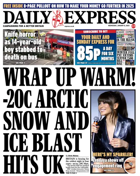 The headline in the Express reads: "Wrap up warm! -20C Arctic snow and ice blast hits UK". 