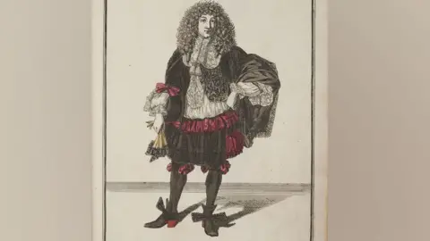 Magdalene College, University of Cambridge A fashion print drawing of a late 17th Century man wearing a curly long wig, black jacket and pantaloons, decorated with red ribbons over a white lace trimmed shirt, plus black stockings and black shoes with red high heels