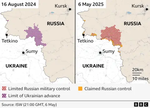 Two maps showing part of the region of Kursk which was mostly under Ukrainian control in August 2024 and in May 2025, mostly controlled by Russia again