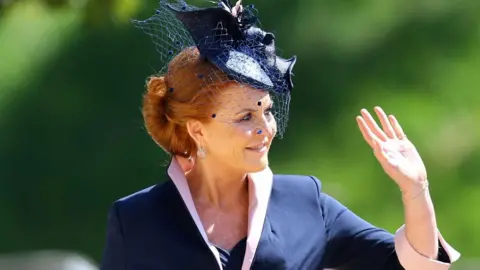 The Duchess of York arrives at St George's Chapel at Windsor Castle for the wedding of Meghan Markle and Prince Harry.
