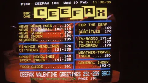 A black and orange Ceefax page with Ceefax in black on a yellow background at the top and listings in two rows beneath including News, finance, sport, food guide, subtitles for the deaf, TV and radio listings and weather