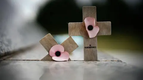 Getty Images Crosses and poppies are placed atop the Afghanistan Camp Bastion Memorial at The National Memorial Arboretum. The image has a dark filter and one of the crosses has the words 'in remembrance'. 