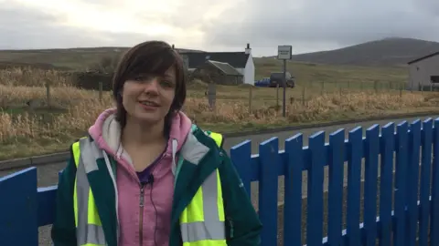 Daniel Bennett/BBC Kate Wills speaking on Bressay