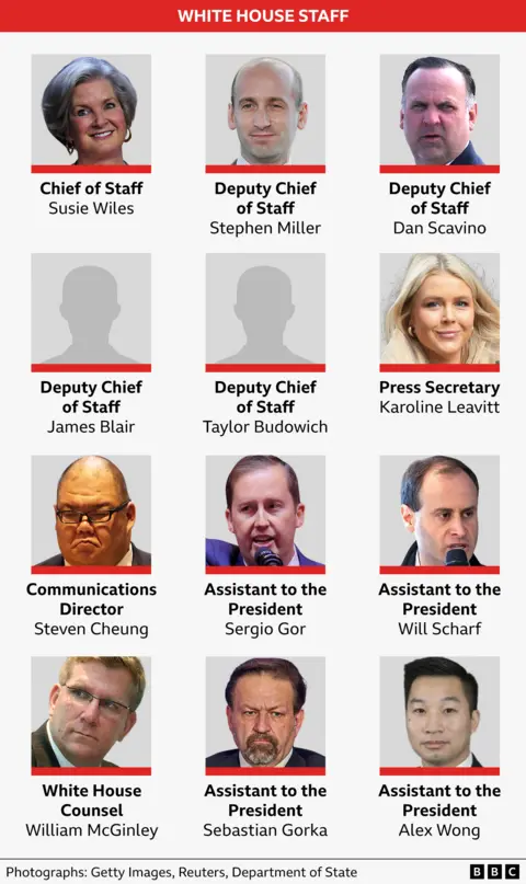 A graphic showing what White House Staff roles have so far been appointed, with headshots of (from top left) Susie Wiles, Stephen Miller, Dan Scavino, Karoline Leavitt, Steven Cheung, Sergio Gor, Will Scharf, William McGinley, Seb Gorka, Alex Wong. There are no photos for James Blair or Taylor Budowich.