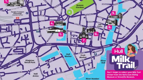 Hull City Council A lilac-coloured map showing the best breastfeeding locations around Hull. Roads are shown in purple and buildings in black, each with a white number on a pink box. In the bottom-right corner is a logo, in similar colours, reading "Hull Milk Trail" with a cartoon image of a woman feeding a baby. Text beneath the logo reads: "Don't forget to collect your Milk Trail sticker from the Hull & East Riding Museum of Streetlife Museum".
