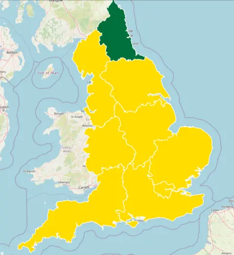 UKHSA The yellow warning will be in place for all but one region - the northeast