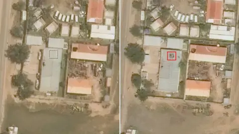Satellite image ©2025 Maxar Technologies Satellite images of buildings near Saudi Hospital - the one on the left taken on 26 September and the one of the right taken on 10 October, showing
damage to the roof from a munition impact