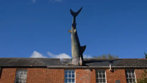 Getty Images Untitled 1986, which is a headless shark as if it is falling into the house, in a row of terraced houses in Headington's New High Street