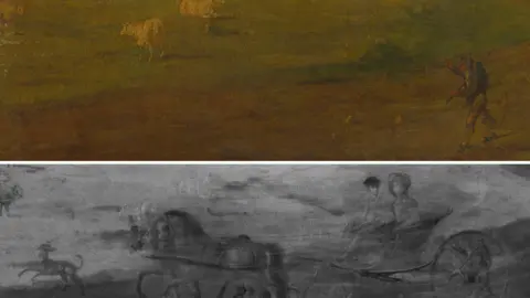 A close up of the same section of a painting showing as it appears and a hidden carriage that lies beneath the surface of the painting