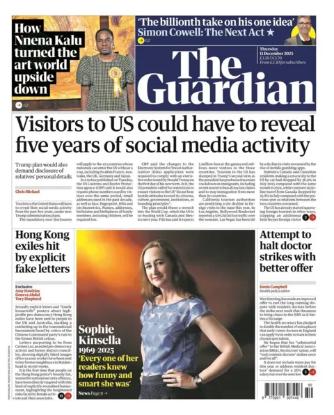 The headline on the front page of the Guardian reads: “Visitors to US could have to reveal five years of social media activity”.