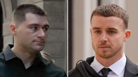 BBC Artur Sevash-Zade (L) in a black shirt and Lewis Peter Carr (R) in a suit and tie arriving at Jersey Royal Court for L'Ecume II Trial - split pic
