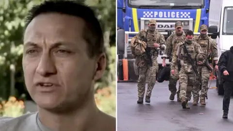 Composite image. A close-up of a dark-haired man on the left and on the right four men in military fatigues in front of a blue lorry labelled 'police'