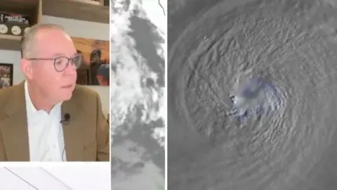 Split screen showing weather presenter giving remote update and Hurricane Milton satellite image