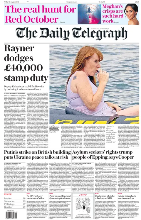 Daily Telegraph front page with headline "Rayner dodges £40,000 stamp duty". There's a picture of Rayner in a sea kayak, appearing to vape.