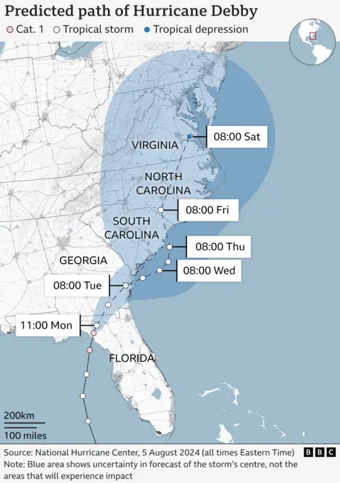 Map showing path of hurricane