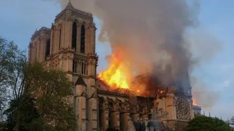 The Notre-Dame Cathedral on fire in April 2019