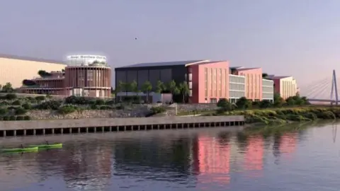 An artist's impression of how the Crown Works Studios will look. The buildings stand on the banks of the River Wear. A circular building stands on the left while a large red building stand on the right.