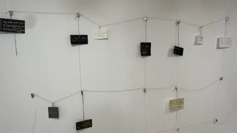 A number of cards with writing on them held onto a wall with string and clips.