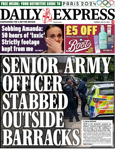 Headline of Daily Express reads: Senior Army officer stabbed outside barracks