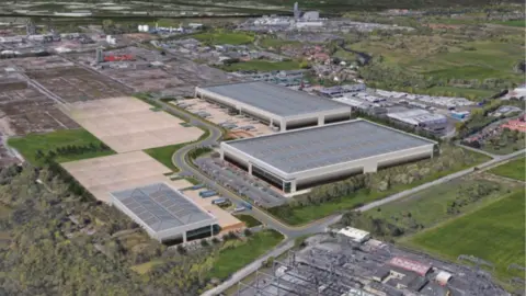 Wain Estates A computer generated aerial image of large warehouses surrounded by trees