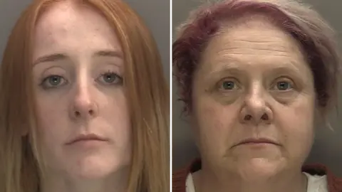 West Midlands Police A side-by-side composite of two police custody images. On the left, a young woman with long ginger hair looks directly at the camera. On the right, an older woman with dark red hair pulled back looks straight ahead.