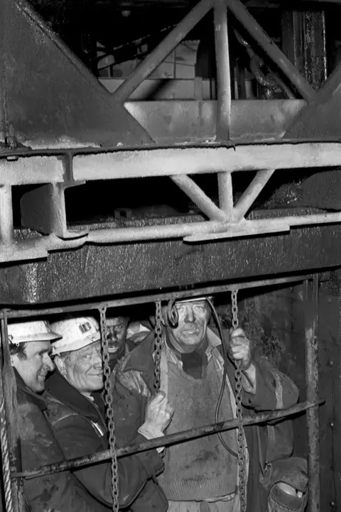 Roger Tiley Miners emerging from pit bottom, Celynen South Colliery. 1983