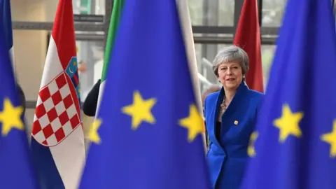 Getty Images Theresa May standing behind EU flags