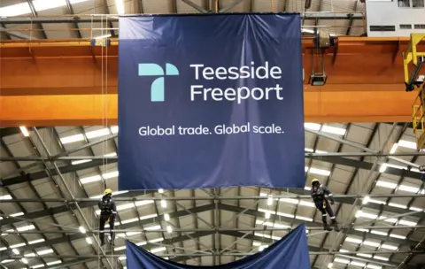 Teesside Freeport banners being hung up