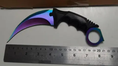 A curved karambit knife with a purple blade and black handle. It is about 21cm long according to the ruler which is placed below it.