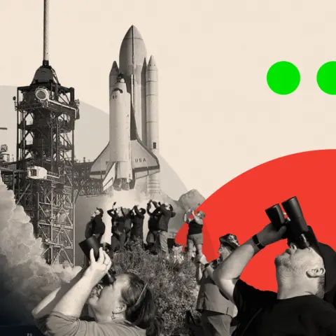 BBC A collage image of a rocket launch being watched by spectators holding binoculars 