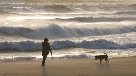 PA Media A woman and her dog standing on the sand at the beach with cascading waves seen to the left and in front of them. The woman is holding a throw tow and the dog is looking down at its ball.