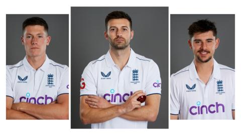 Left to right: Matthew Potts, Mark Wood, Josh Tongue during an England Test kit photoshoot