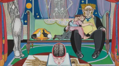Poor Things (1992) by Alasdair Gray - it is a colourful but bizarre painting with a large man sitting on a fancy sofa, with a miniature man and woman cuddled into him, some half black-half white rabbits, a head with a cross-section of a brain and a skeleton. 