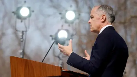 Reuters An angle of Mark Carney speaking at a lecturn that is artistically behind him, and you can see the stage spotlights. He has short grey hair and is wearing a black suit jacket.