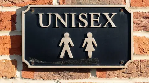 A sign that reads "unisex" on a brick wall in an unknown location.