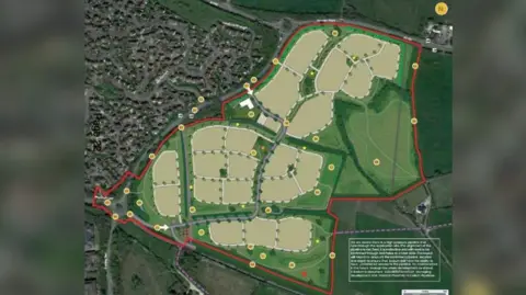 Wiltshire Council An aerial view of the land which would be used for housing, shown as a map graphic. It is agricultural land separating Royal Wootton Bassett and Swindon.