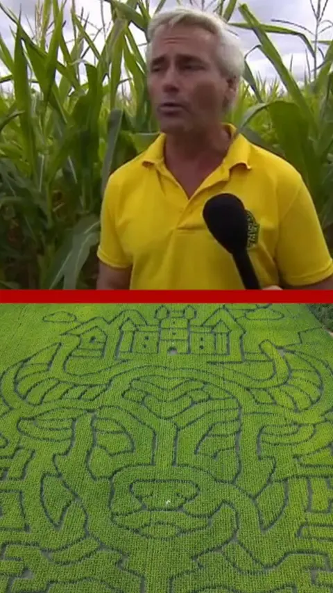 Farmer standing in yellow top near Maize above an aerial image of his maze.