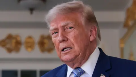 US President Donald Trump speaking in front of a White House entrance, wearing a blue suit and tie.